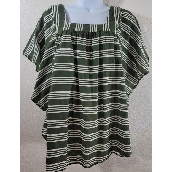 Time & Tru Green White Stripe Flowy Sleeves Top Large 12 14 Lightweight Ruffled - Picture 1 of 6